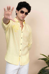 Isaac Yellow Pure Linen Shirt Embroidery